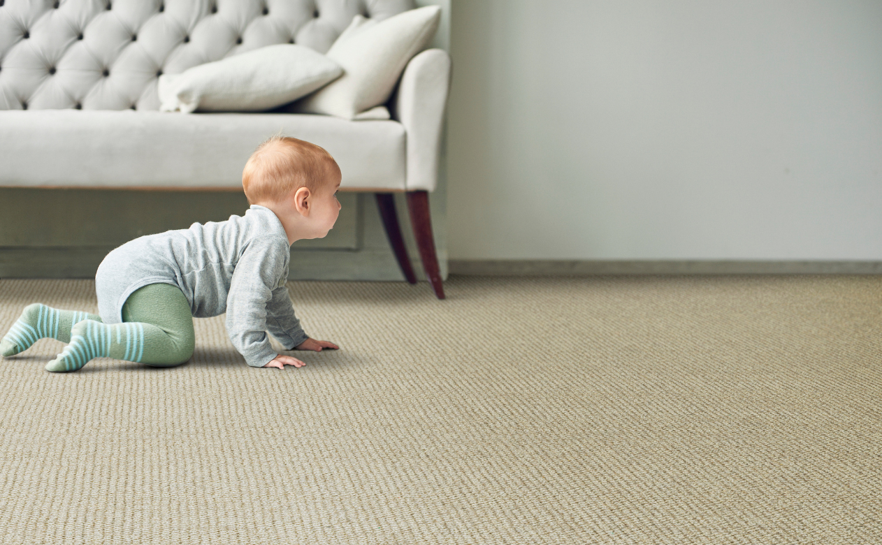 baby on carpet in living area, pet-friendly, stain resistant carpeting